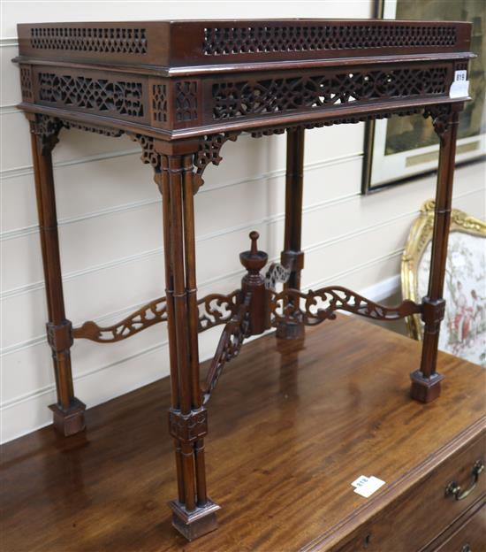 A pair of Georgian style pierced fretwork silver tables 2ft